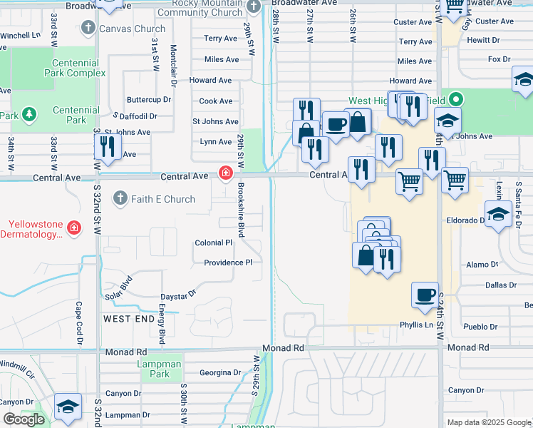 map of restaurants, bars, coffee shops, grocery stores, and more near 2831 Radius Circle in Billings