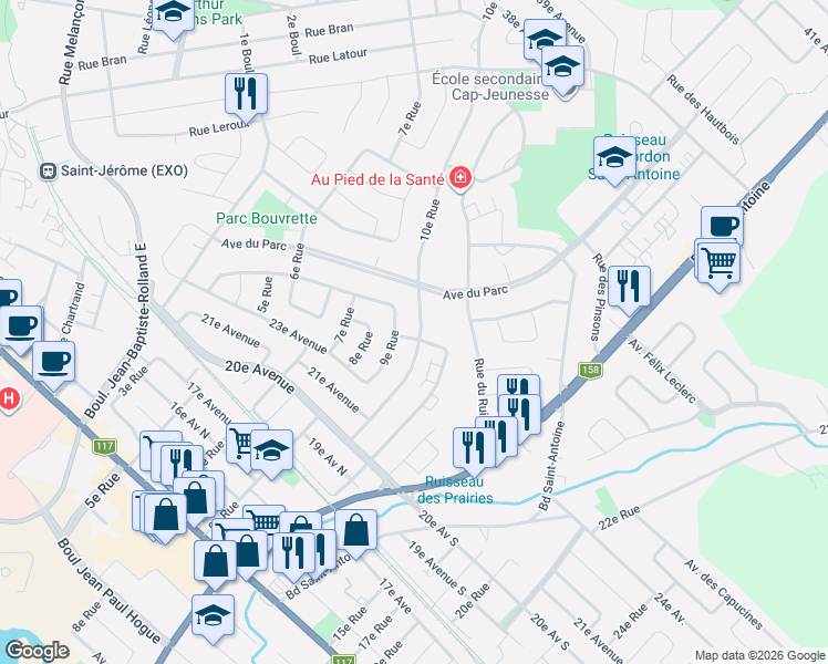 map of restaurants, bars, coffee shops, grocery stores, and more near 965 10e Rue in Saint-Jérôme