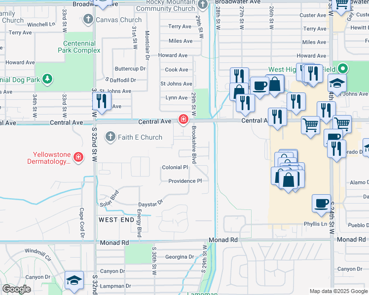 map of restaurants, bars, coffee shops, grocery stores, and more near Radius Circle in Billings