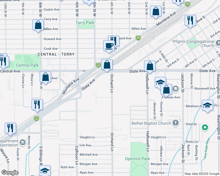map of restaurants, bars, coffee shops, grocery stores, and more near 102 Orchard Lane in Billings