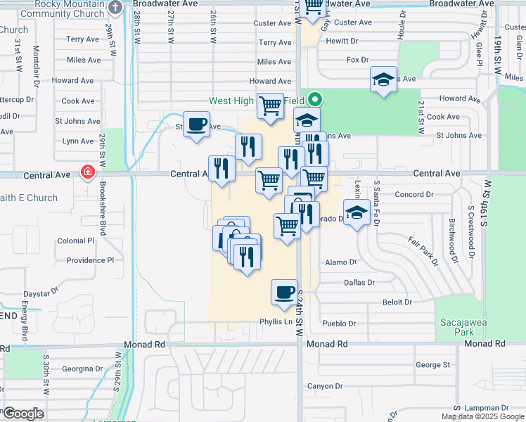 map of restaurants, bars, coffee shops, grocery stores, and more near 2424 Central Avenue in Billings