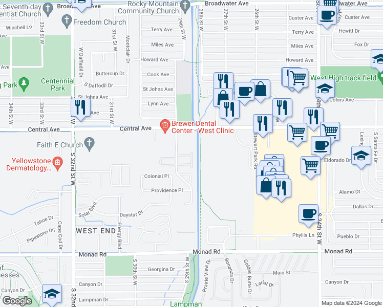 map of restaurants, bars, coffee shops, grocery stores, and more near 2831 Radius Circle in Billings