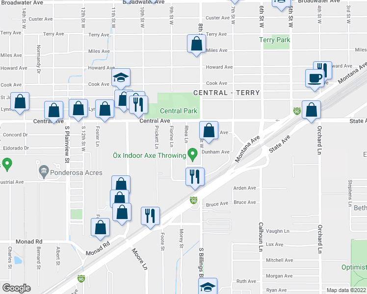 map of restaurants, bars, coffee shops, grocery stores, and more near 44 Rhea Lane in Billings