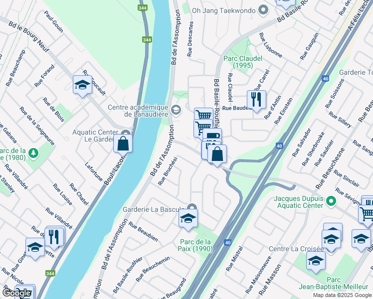 map of restaurants, bars, coffee shops, grocery stores, and more near 318 Rue Valmont in Repentigny