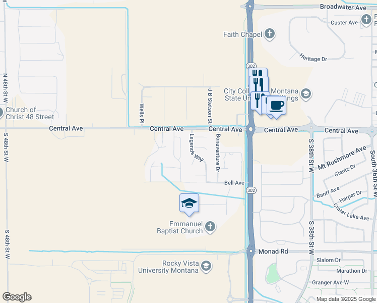 map of restaurants, bars, coffee shops, grocery stores, and more near 70 Legends Way in Billings