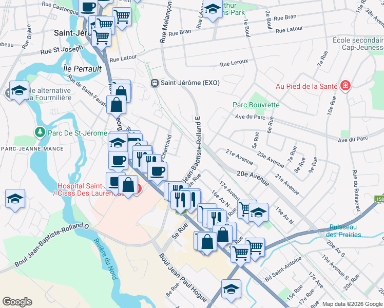 map of restaurants, bars, coffee shops, grocery stores, and more near 345 Boulevard Jean-Baptiste-Rolland Est in Saint-Jérôme