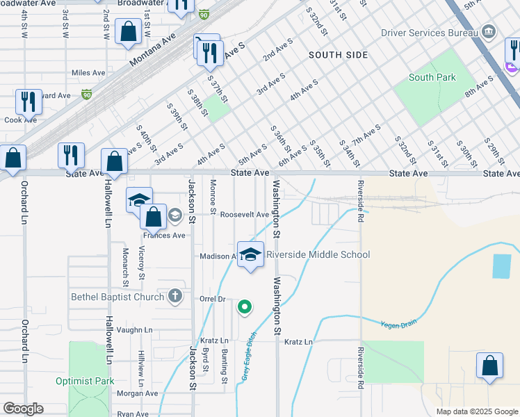 map of restaurants, bars, coffee shops, grocery stores, and more near 102 Adams Street in Billings