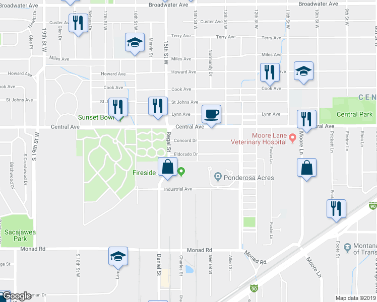 map of restaurants, bars, coffee shops, grocery stores, and more near 1411 Eldorado Drive in Billings