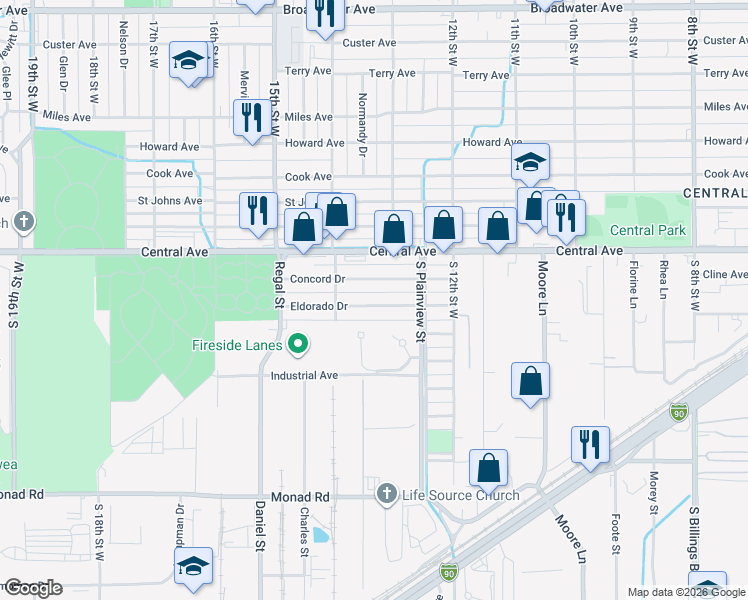 map of restaurants, bars, coffee shops, grocery stores, and more near 1315 Eldorado Drive in Billings