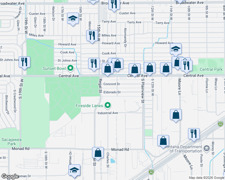 map of restaurants, bars, coffee shops, grocery stores, and more near 1414 Eldorado Drive in Billings