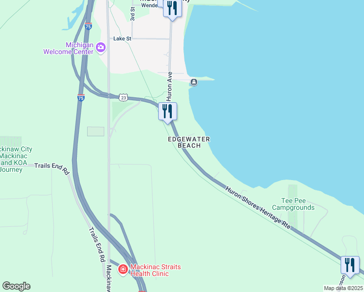 map of restaurants, bars, coffee shops, grocery stores, and more near 901-1105 U.S. 23 in Mackinaw City