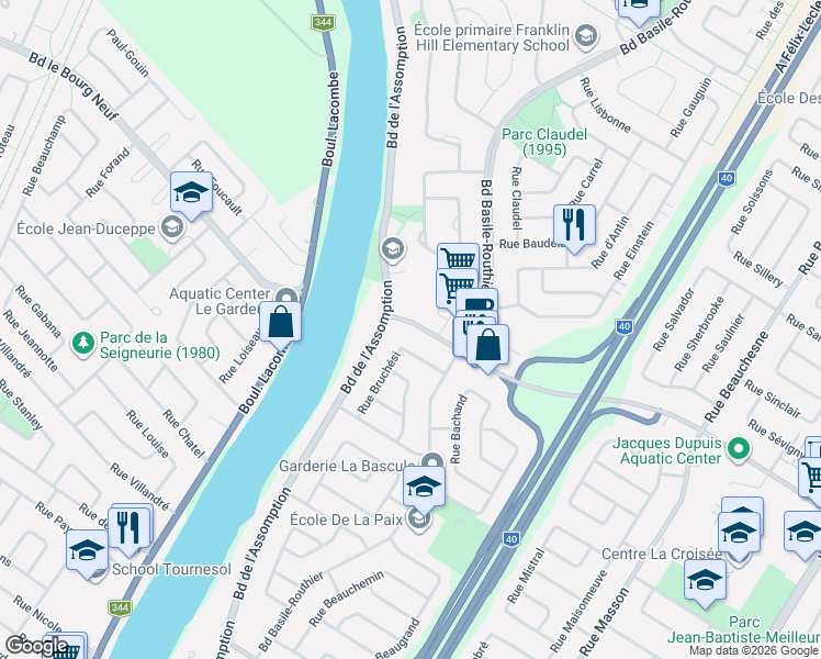 map of restaurants, bars, coffee shops, grocery stores, and more near 320 Rue Valmont in Repentigny