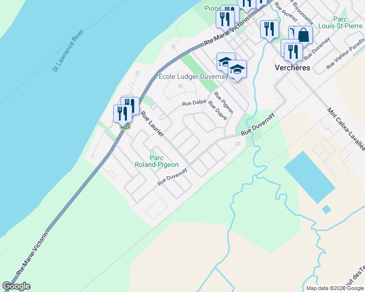 map of restaurants, bars, coffee shops, grocery stores, and more near 338 Rue de Jumonville in Verchères