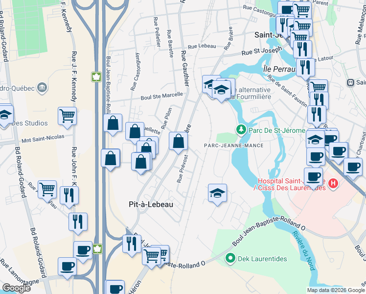 map of restaurants, bars, coffee shops, grocery stores, and more near 75 Rue Brière in Saint-Jérôme