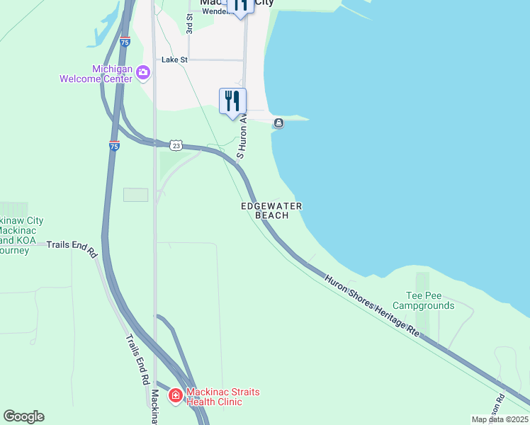 map of restaurants, bars, coffee shops, grocery stores, and more near U.S. 23 in Mackinaw City