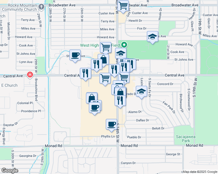 map of restaurants, bars, coffee shops, grocery stores, and more near 2424 Central Avenue in Billings