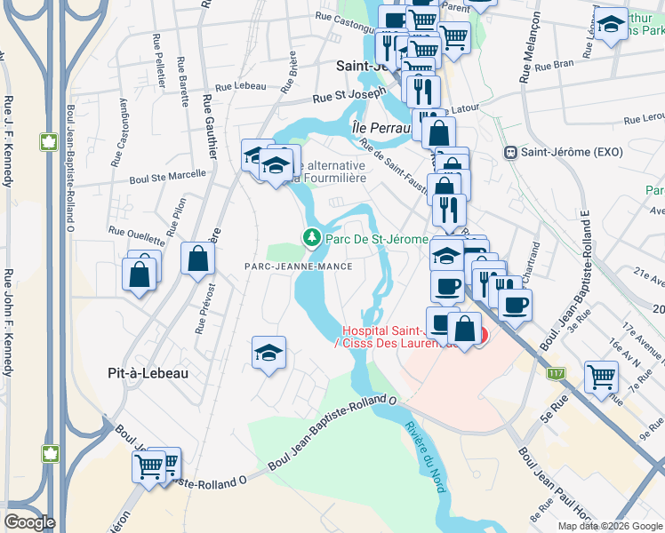 map of restaurants, bars, coffee shops, grocery stores, and more near 83 Rue Gagnon in Saint-Jérôme