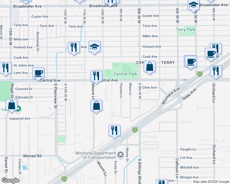 map of restaurants, bars, coffee shops, grocery stores, and more near 42 Florine Lane in Billings