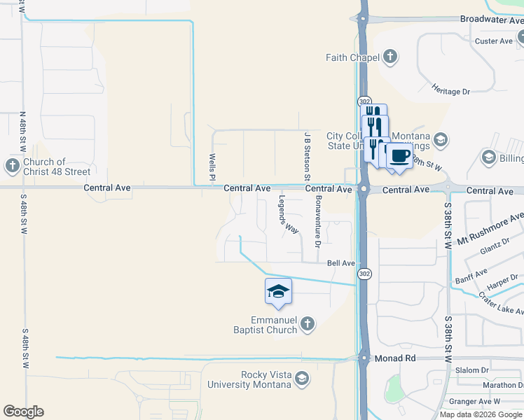 map of restaurants, bars, coffee shops, grocery stores, and more near 82 Legends Way in Billings