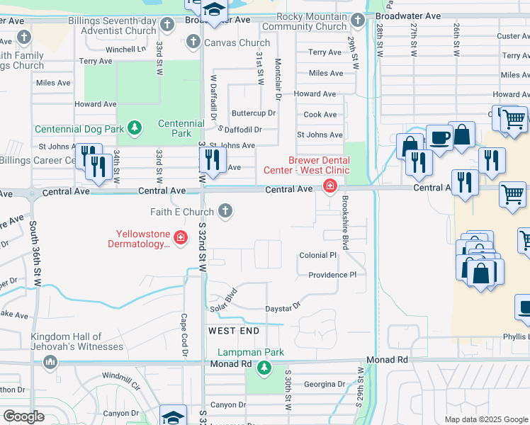 map of restaurants, bars, coffee shops, grocery stores, and more near 3040 Central Avenue in Billings