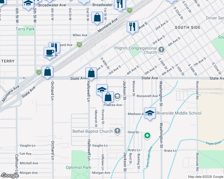 map of restaurants, bars, coffee shops, grocery stores, and more near 4150 Roosevelt Avenue in Billings