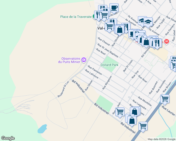 map of restaurants, bars, coffee shops, grocery stores, and more near 247 Rue Lafrance in Val-des-Sources