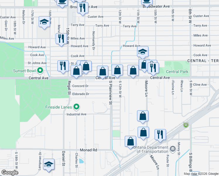 map of restaurants, bars, coffee shops, grocery stores, and more near 30 South Plainview Street in Billings