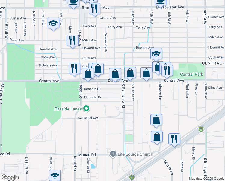map of restaurants, bars, coffee shops, grocery stores, and more near 1302 Central Avenue in Billings