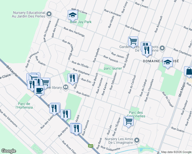 map of restaurants, bars, coffee shops, grocery stores, and more near 2521 Rue Benoît in Terrebonne
