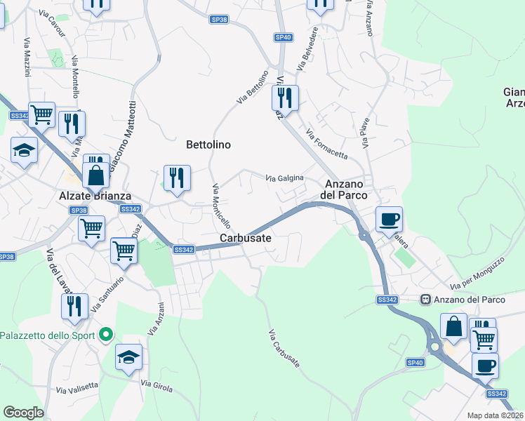 map of restaurants, bars, coffee shops, grocery stores, and more near 26 Via Provinciale in Anzano del Parco