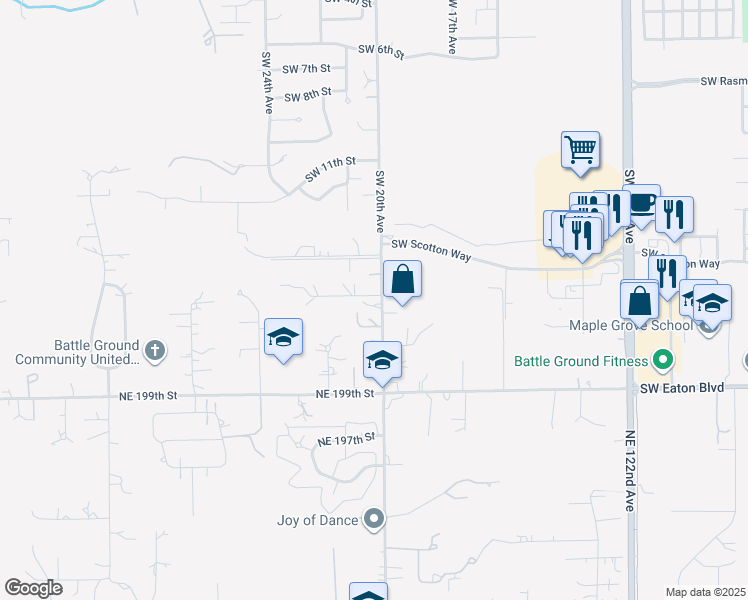map of restaurants, bars, coffee shops, grocery stores, and more near 1604 Southwest 20th Avenue in Battle Ground