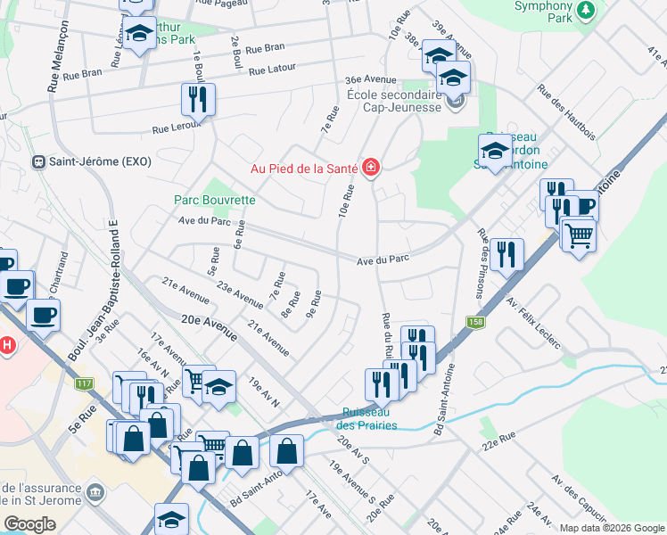 map of restaurants, bars, coffee shops, grocery stores, and more near 1037 10e Rue in Saint-Jérôme