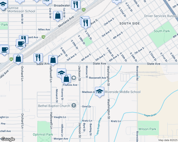 map of restaurants, bars, coffee shops, grocery stores, and more near 10 Jefferson Street in Billings