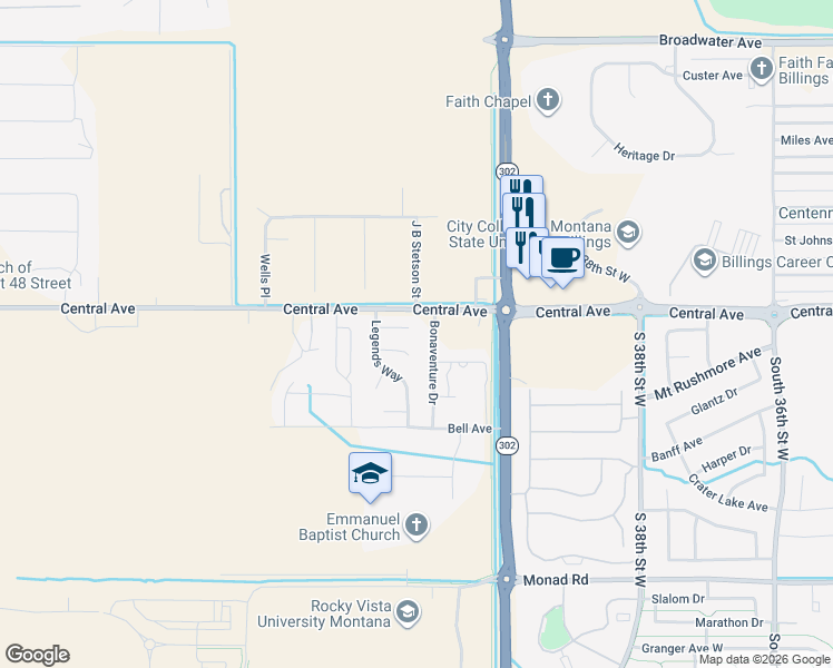 map of restaurants, bars, coffee shops, grocery stores, and more near 4107 Ashford Place in Billings