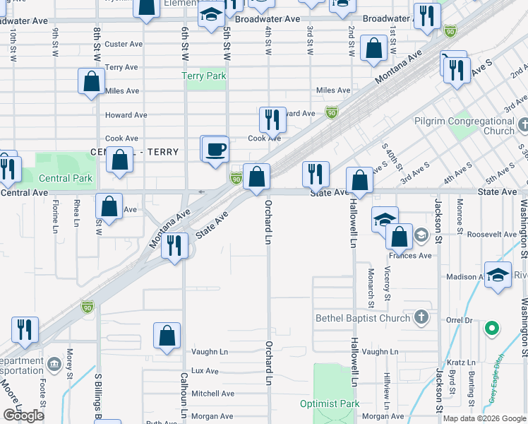map of restaurants, bars, coffee shops, grocery stores, and more near 4322 State Avenue in Billings