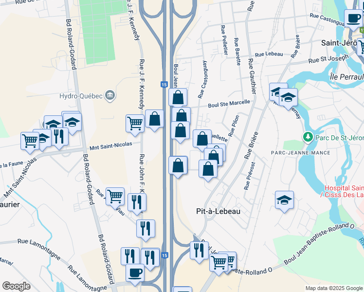 map of restaurants, bars, coffee shops, grocery stores, and more near 1135 Boulevard Jean-Baptiste-Rolland Ouest in Saint-Jérôme