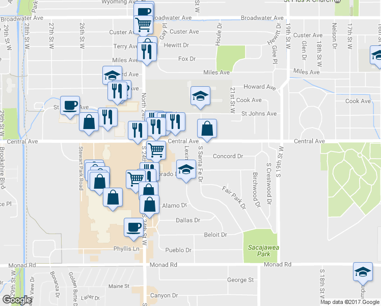 map of restaurants, bars, coffee shops, grocery stores, and more near 19 Lexington Drive in Billings
