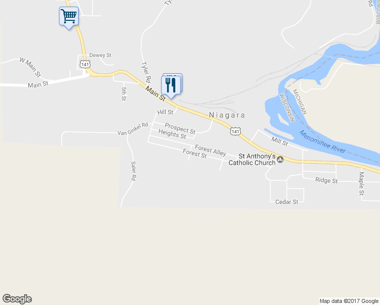 map of restaurants, bars, coffee shops, grocery stores, and more near Forest Street in Niagara