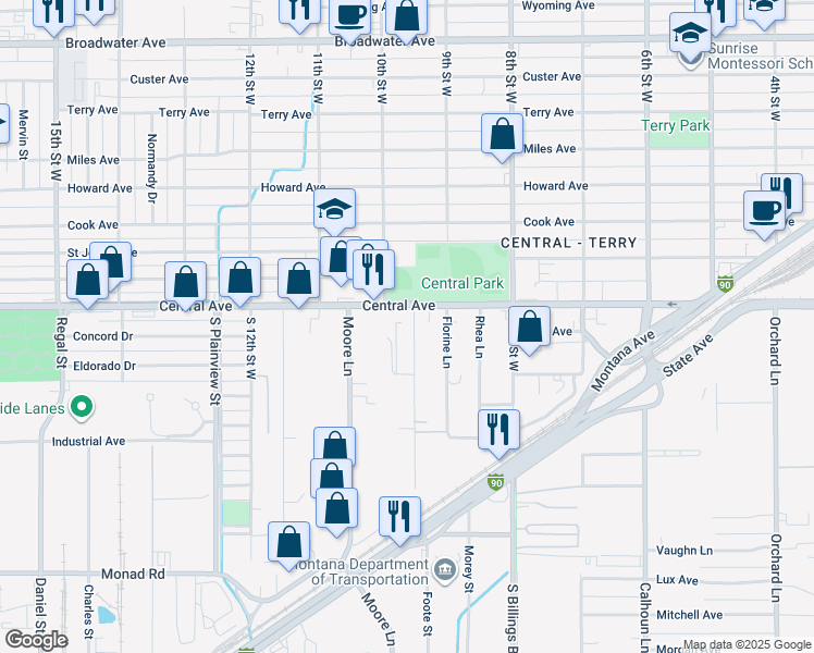 map of restaurants, bars, coffee shops, grocery stores, and more near 18 Prickett Lane in Billings