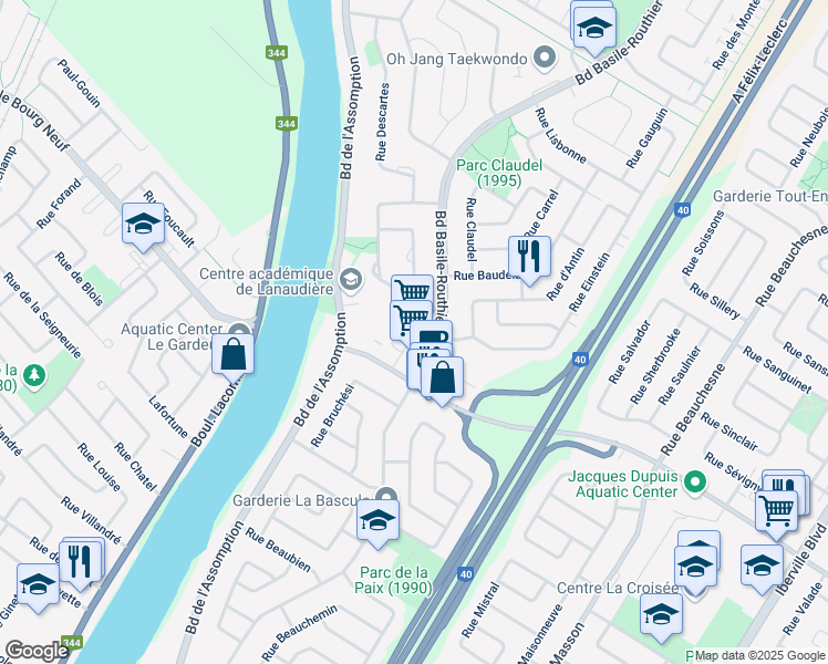 map of restaurants, bars, coffee shops, grocery stores, and more near 315 Rue Valmont in Repentigny