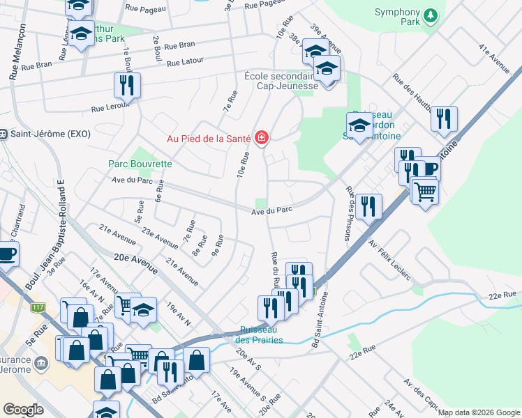 map of restaurants, bars, coffee shops, grocery stores, and more near Avenue du Parc in Saint-Jérôme