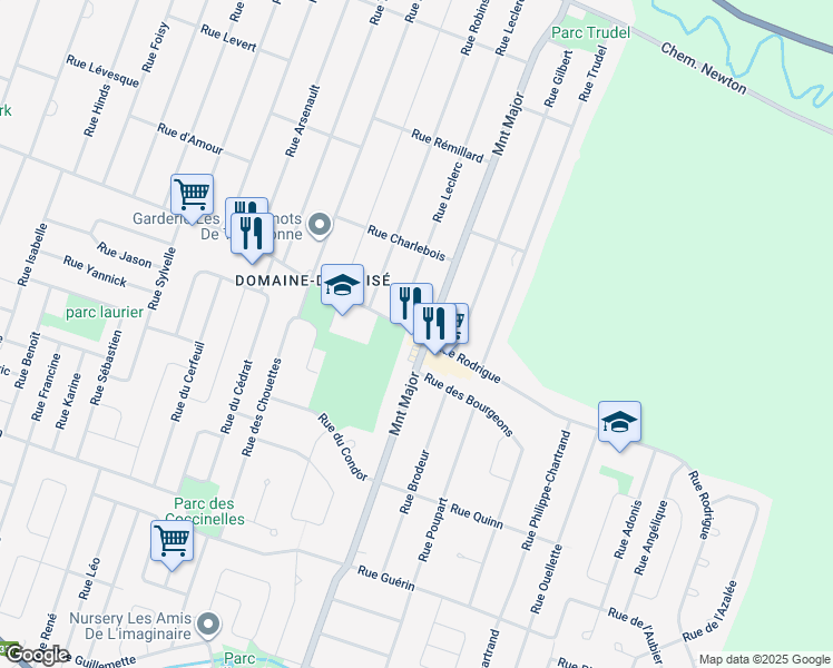 map of restaurants, bars, coffee shops, grocery stores, and more near Rue Rodrigue in Terrebonne