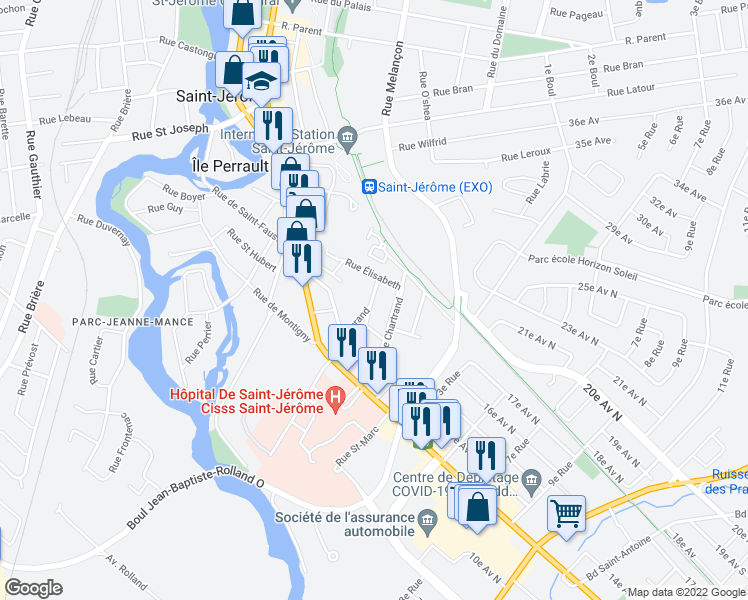 map of restaurants, bars, coffee shops, grocery stores, and more near 239 Rue Durand in Saint-Jérôme