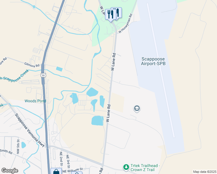 map of restaurants, bars, coffee shops, grocery stores, and more near 53311 West Lane Road in Scappoose