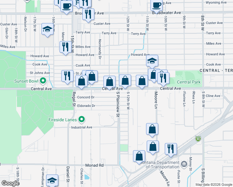 map of restaurants, bars, coffee shops, grocery stores, and more near 30 South Plainview Street in Billings