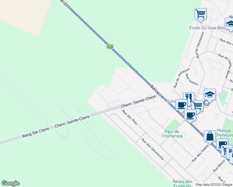 map of restaurants, bars, coffee shops, grocery stores, and more near Rue Aimé-Guilbault in Terrebonne