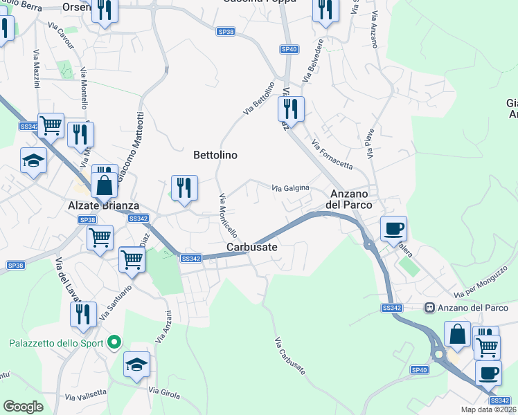 map of restaurants, bars, coffee shops, grocery stores, and more near 25 Via Galgina in Anzano del Parco