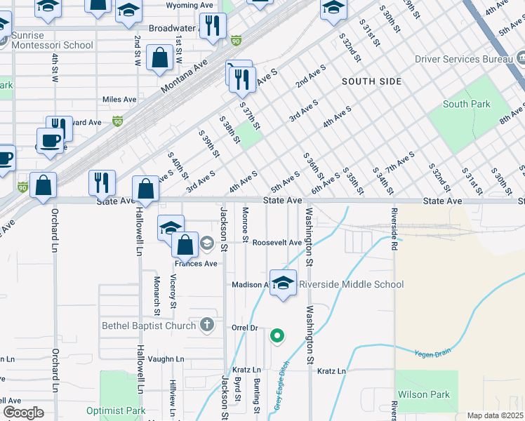 map of restaurants, bars, coffee shops, grocery stores, and more near 10 Jefferson Street in Billings