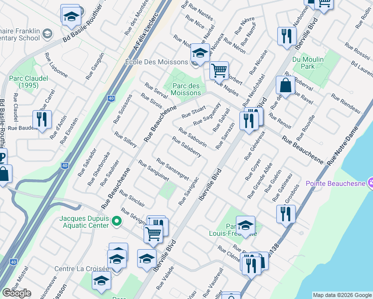 map of restaurants, bars, coffee shops, grocery stores, and more near 126 Rue Salaberry in Repentigny