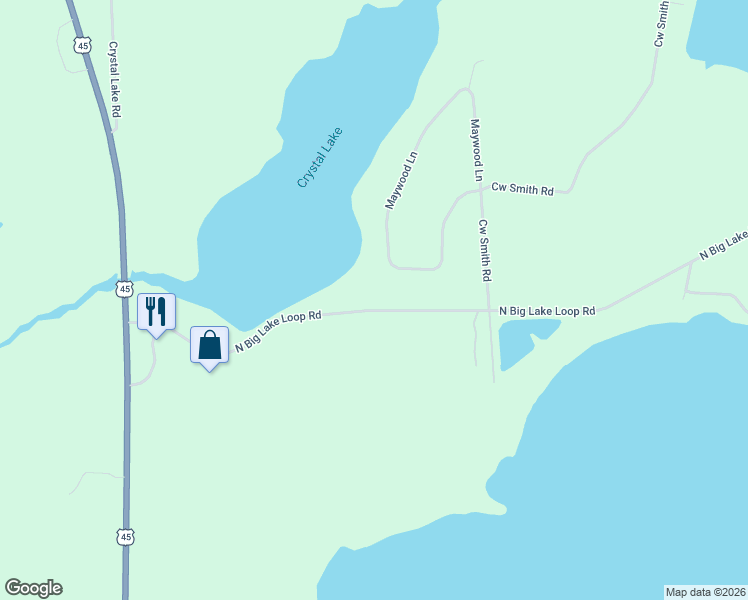 map of restaurants, bars, coffee shops, grocery stores, and more near 1298 North Big Lake Loop Road in Three Lakes